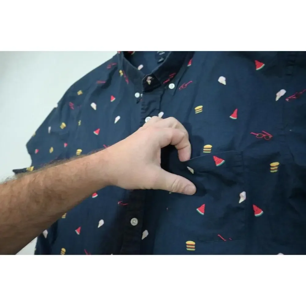 J Crew Flex Button Up Graphic Dress‎ Shirt Dark Blue Short Sleeve Mens Sz Large